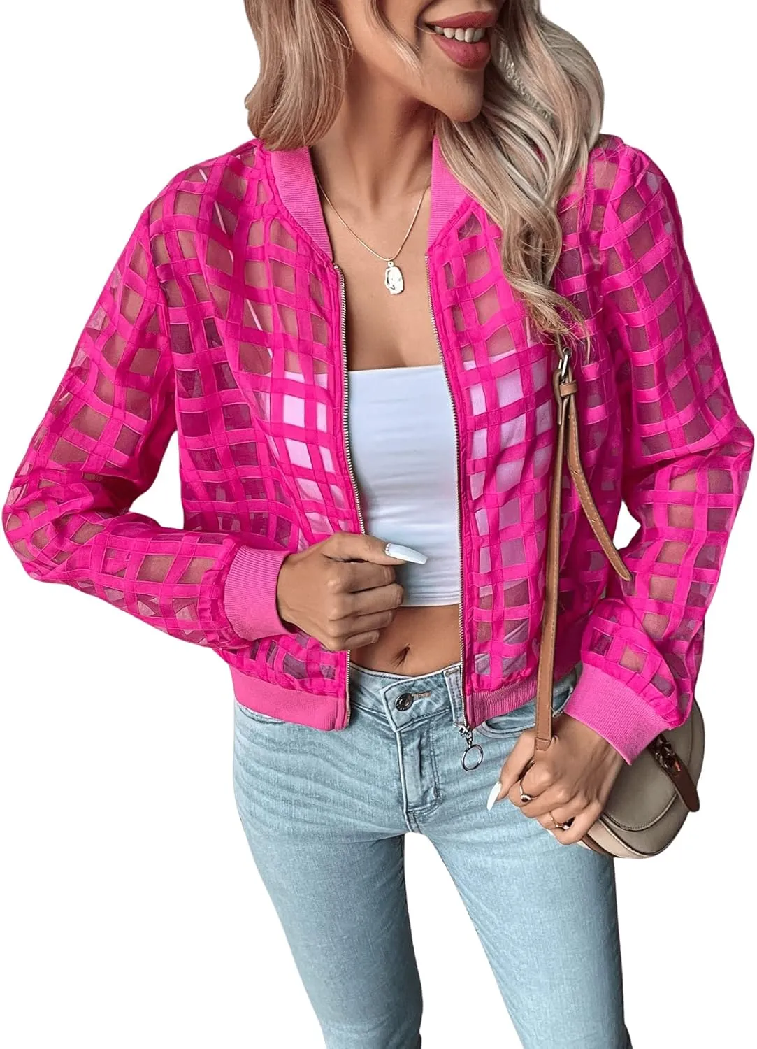 Floerns Women's Hollow Out Long Sleeve Baseball Collar Zip Up Bomber Jacket