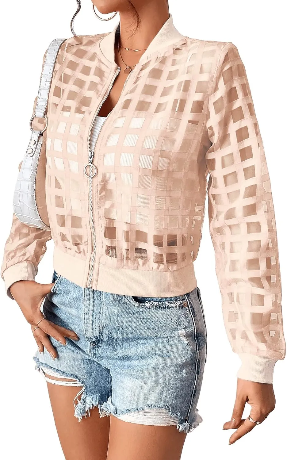Floerns Women's Hollow Out Long Sleeve Baseball Collar Zip Up Bomber Jacket