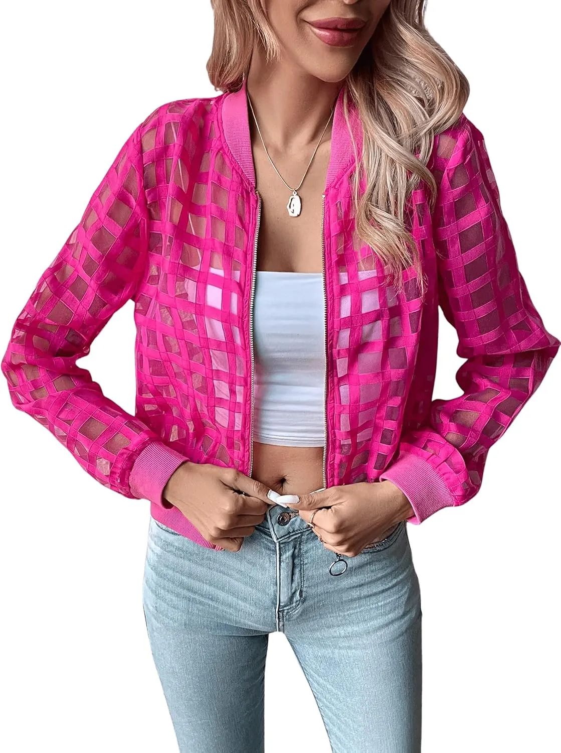 Floerns Women's Hollow Out Long Sleeve Baseball Collar Zip Up Bomber Jacket
