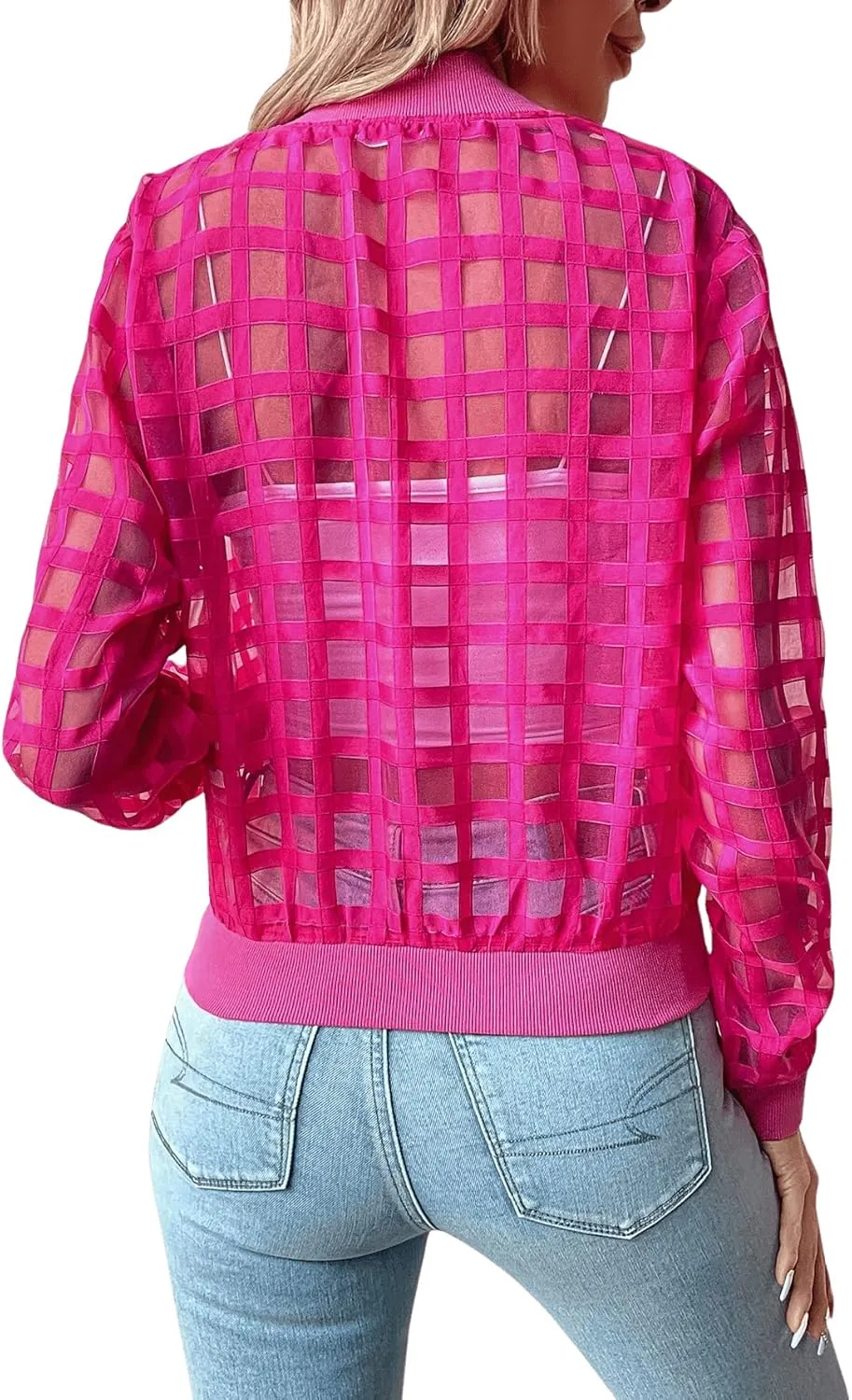 Floerns Women's Hollow Out Long Sleeve Baseball Collar Zip Up Bomber Jacket