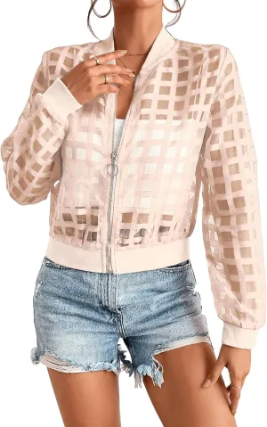 Floerns Women's Hollow Out Long Sleeve Baseball Collar Zip Up Bomber Jacket