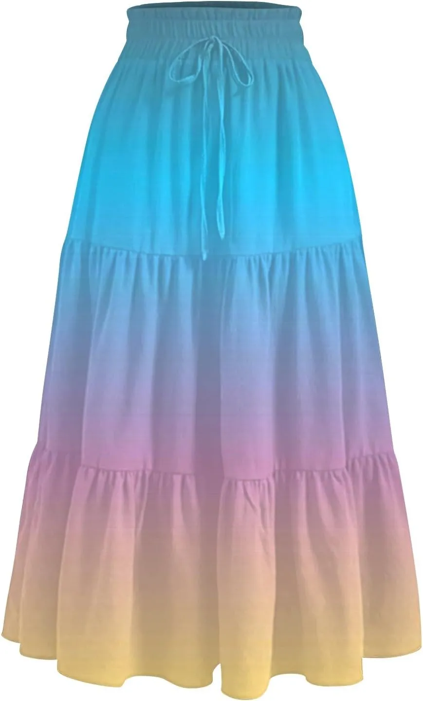 Floral Skirts for Women Summer Loose Casual Trendy Elastic Waist Flowy Beach Boho Maxi Skirt, S-2XL