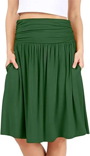 FZYLQY 2025 New Skirts for Women Regular and Plus Size Skirt with Pockets Below The Knee Length Ruched Flowy Midi Skirt