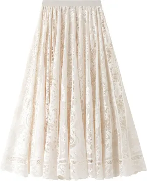FZYLQY 2025 Womens Lace Tulle Skirt Elastic High Waist A-line Skirts Mesh Layered Fairy Skirt Pleated Tutu Midi Skirts
