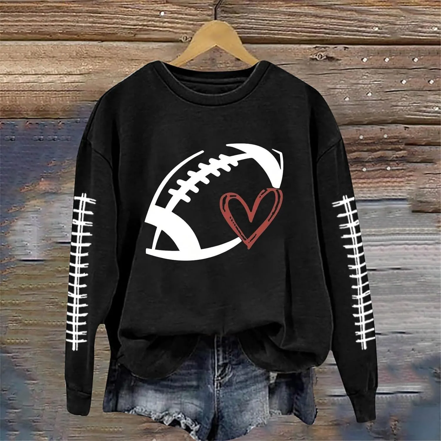 Game Day Shirts Women Heart Football Printed Lightweight Crewneck Long Sleeve Pullover Graphic Hoodies Mom Shirts