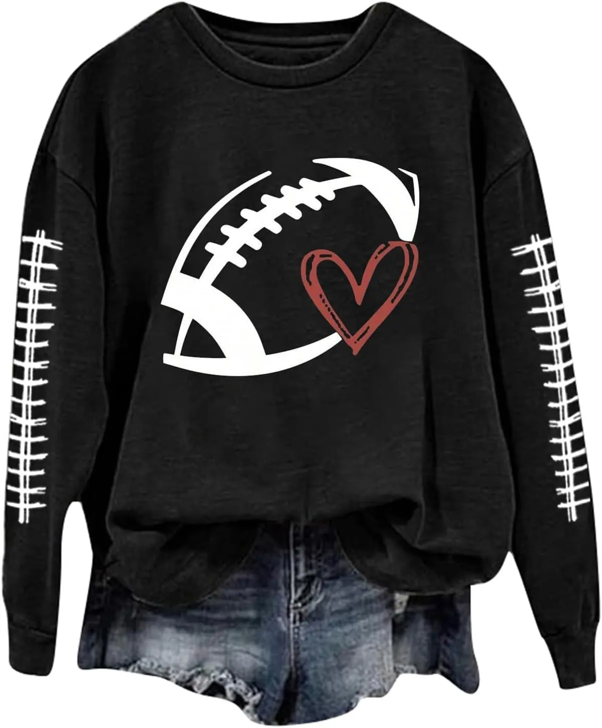Game Day Shirts Women Heart Football Printed Lightweight Crewneck Long Sleeve Pullover Graphic Hoodies Mom Shirts