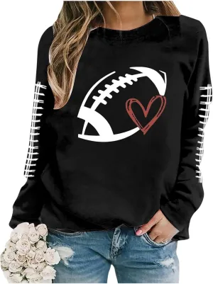 Game Day Shirts Women Heart Football Printed Lightweight Crewneck Long Sleeve Pullover Graphic Hoodies Mom Shirts