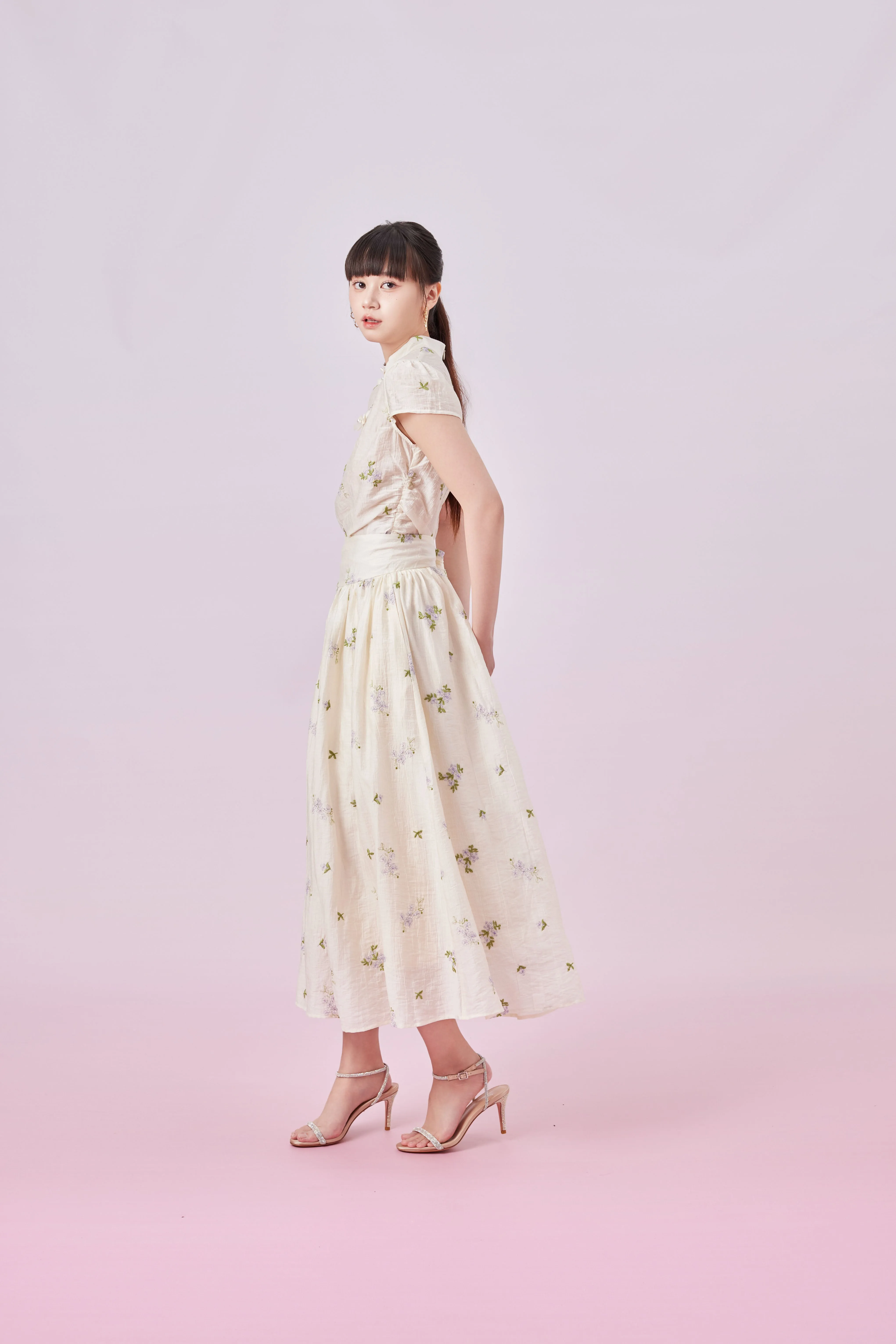 Giordana Purple Floral Emboss Cream Skirt