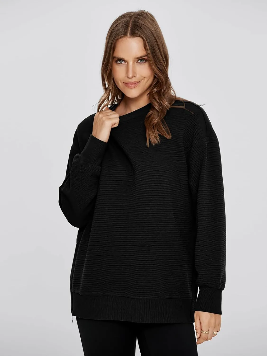 Glamaker Womens Oversized Sweatshirts Crewneck Side Zipper Pollover Long Sleeve Hoodie Sweaters 2024 Fall Clothes