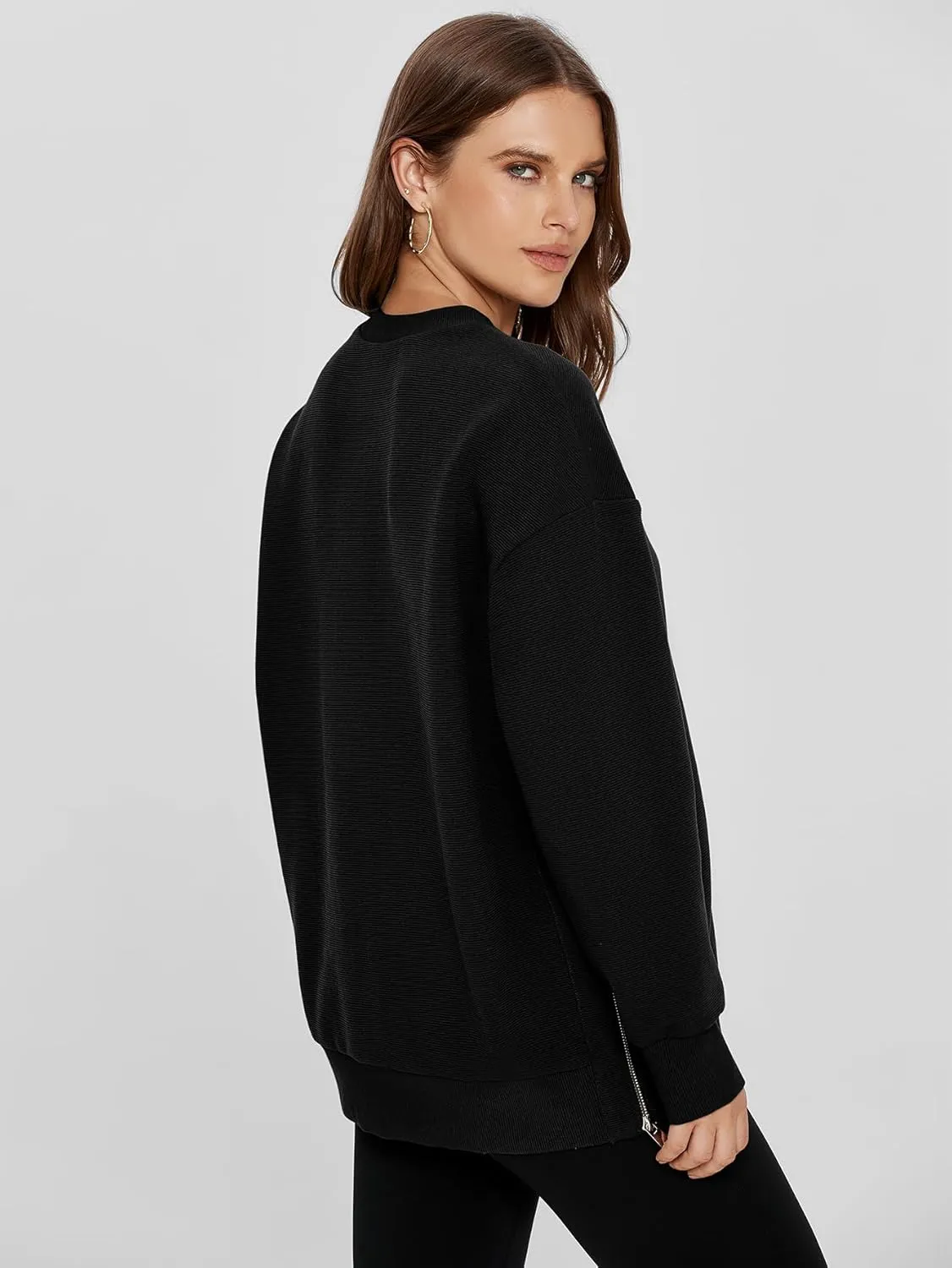 Glamaker Womens Oversized Sweatshirts Crewneck Side Zipper Pollover Long Sleeve Hoodie Sweaters 2024 Fall Clothes
