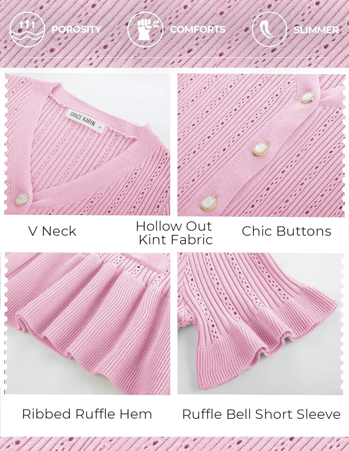 GRACE KARIN Women 2025 Short Sleeve Cropped Cardigan Trendy Lightweight V Neck Button Crochet Hollowed-Out Knit Shrug Sweater