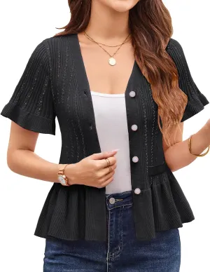 GRACE KARIN Women 2025 Short Sleeve Cropped Cardigan Trendy Lightweight V Neck Button Crochet Hollowed-Out Knit Shrug Sweater