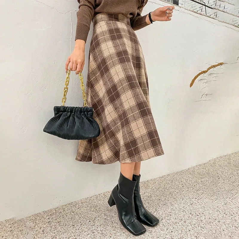 High Waist Plaid A-Line Skirt