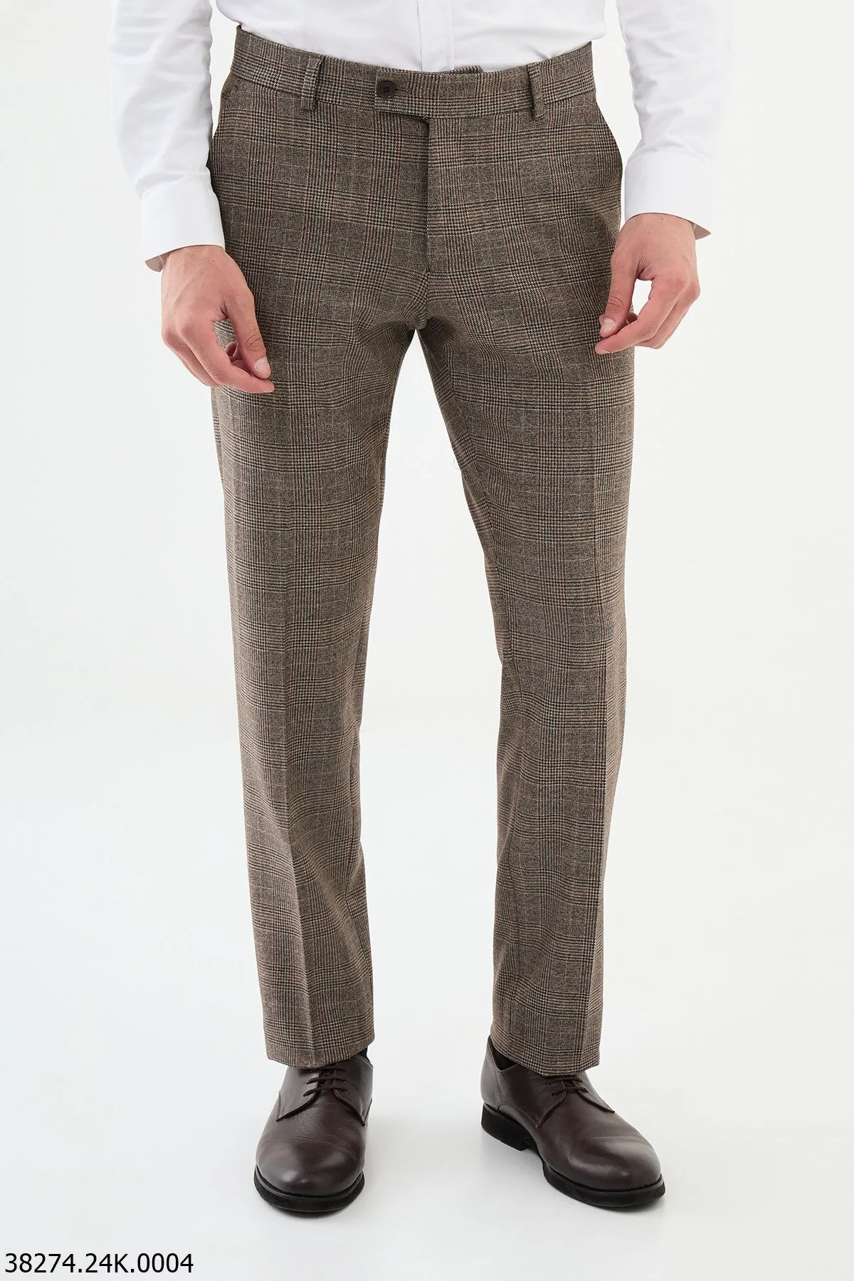 HolloMen Brown Plaid Slim-Fit Formal Trousers.