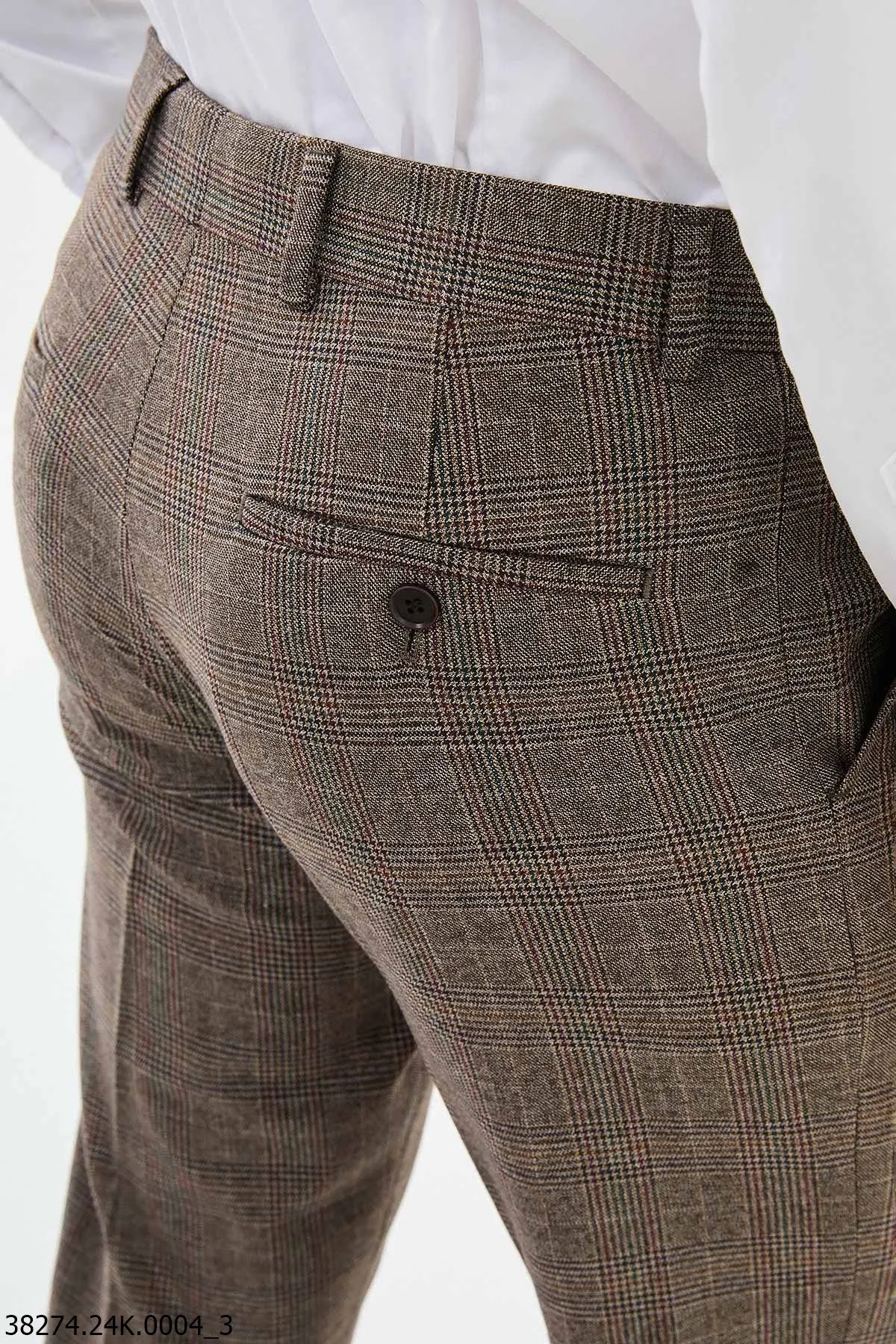 HolloMen Brown Plaid Slim-Fit Formal Trousers.