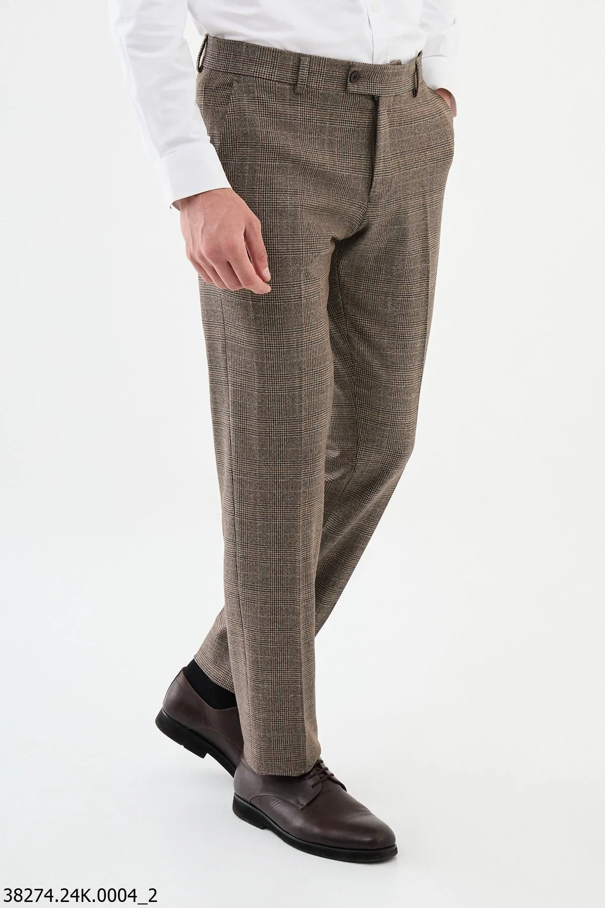 HolloMen Brown Plaid Slim-Fit Formal Trousers.