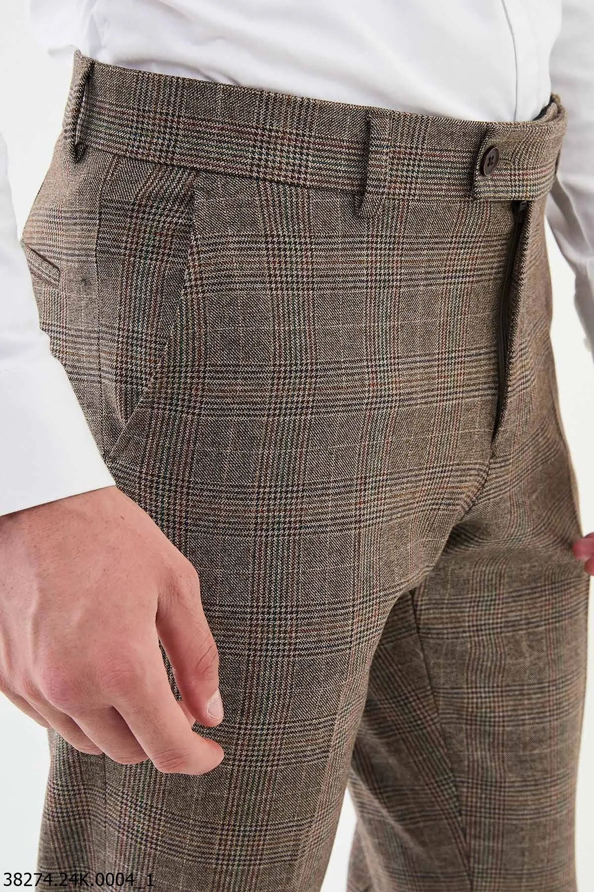 HolloMen Brown Plaid Slim-Fit Formal Trousers.