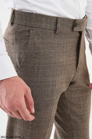 HolloMen Brown Plaid Slim-Fit Formal Trousers.