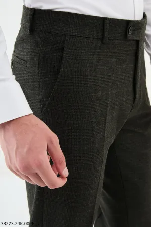 HolloMen Dark Green Checkered Slim-Fit Dress Pants.