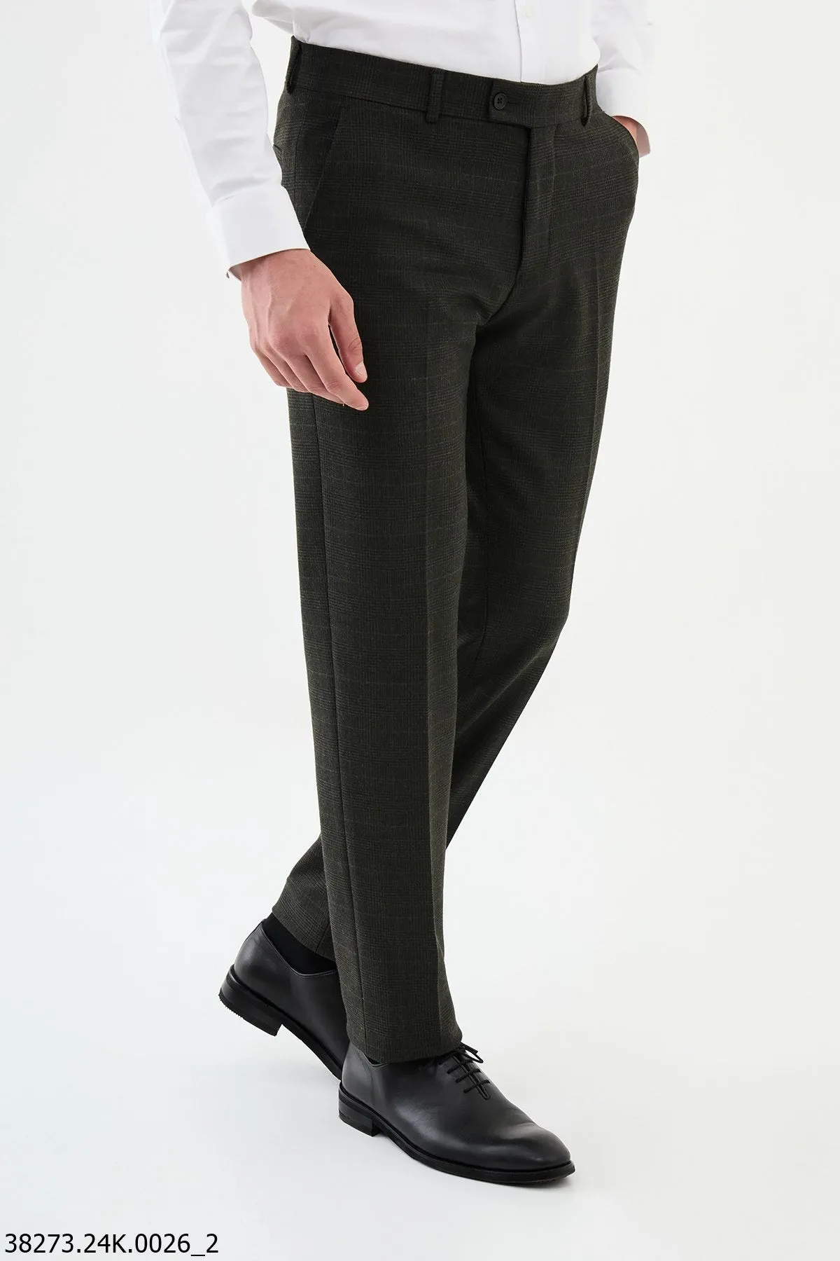 HolloMen Dark Green Checkered Slim-Fit Dress Pants.