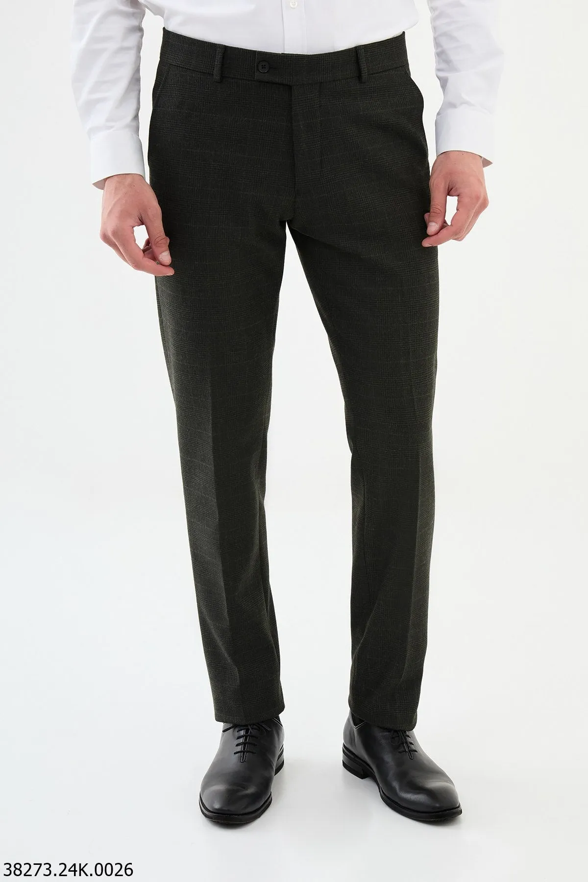 HolloMen Dark Green Checkered Slim-Fit Dress Pants.