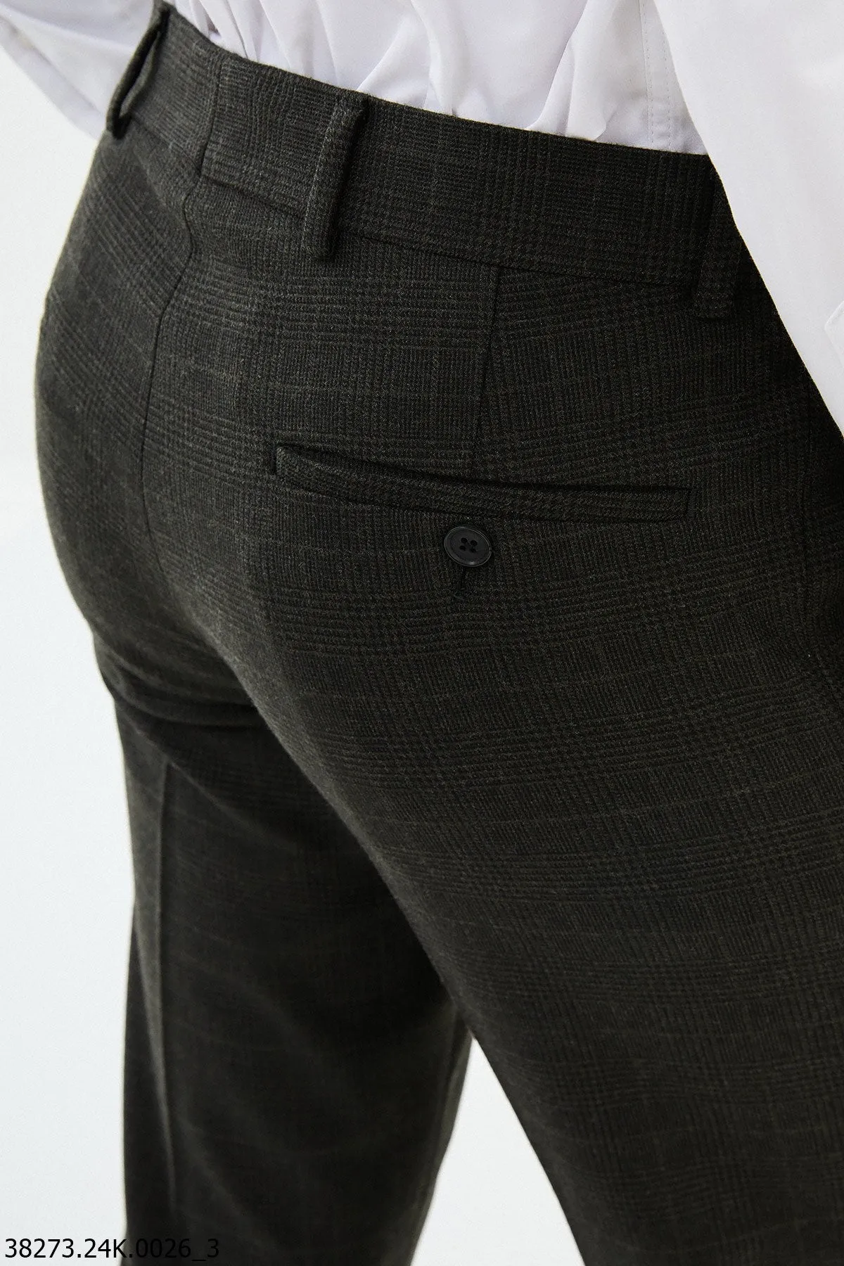 HolloMen Dark Green Checkered Slim-Fit Dress Pants.