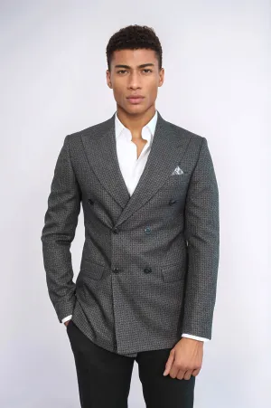 Houndstooth Patterned Grey Men Double Breasted Blazer - Wessi