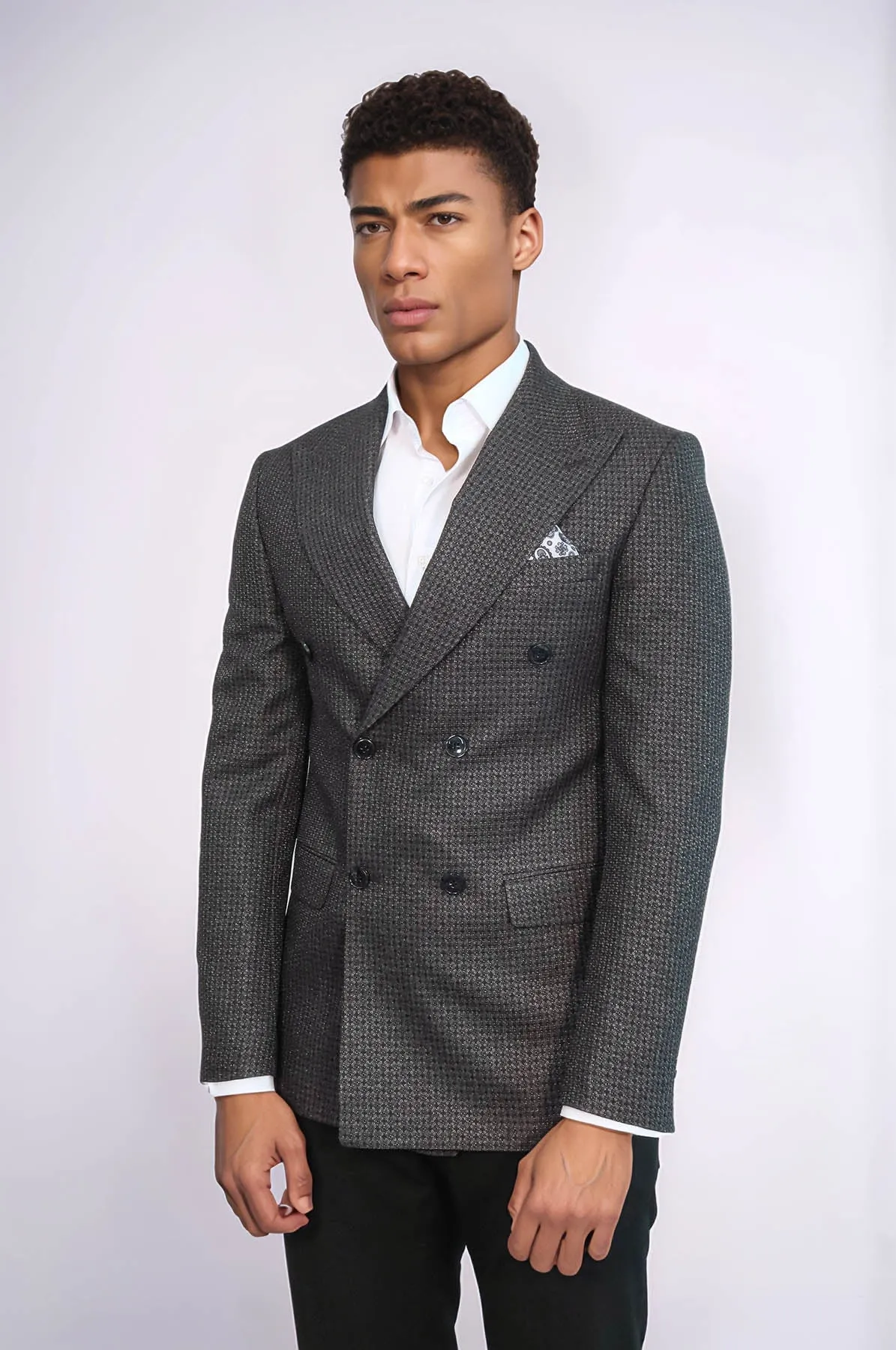 Houndstooth Patterned Grey Men Double Breasted Blazer - Wessi