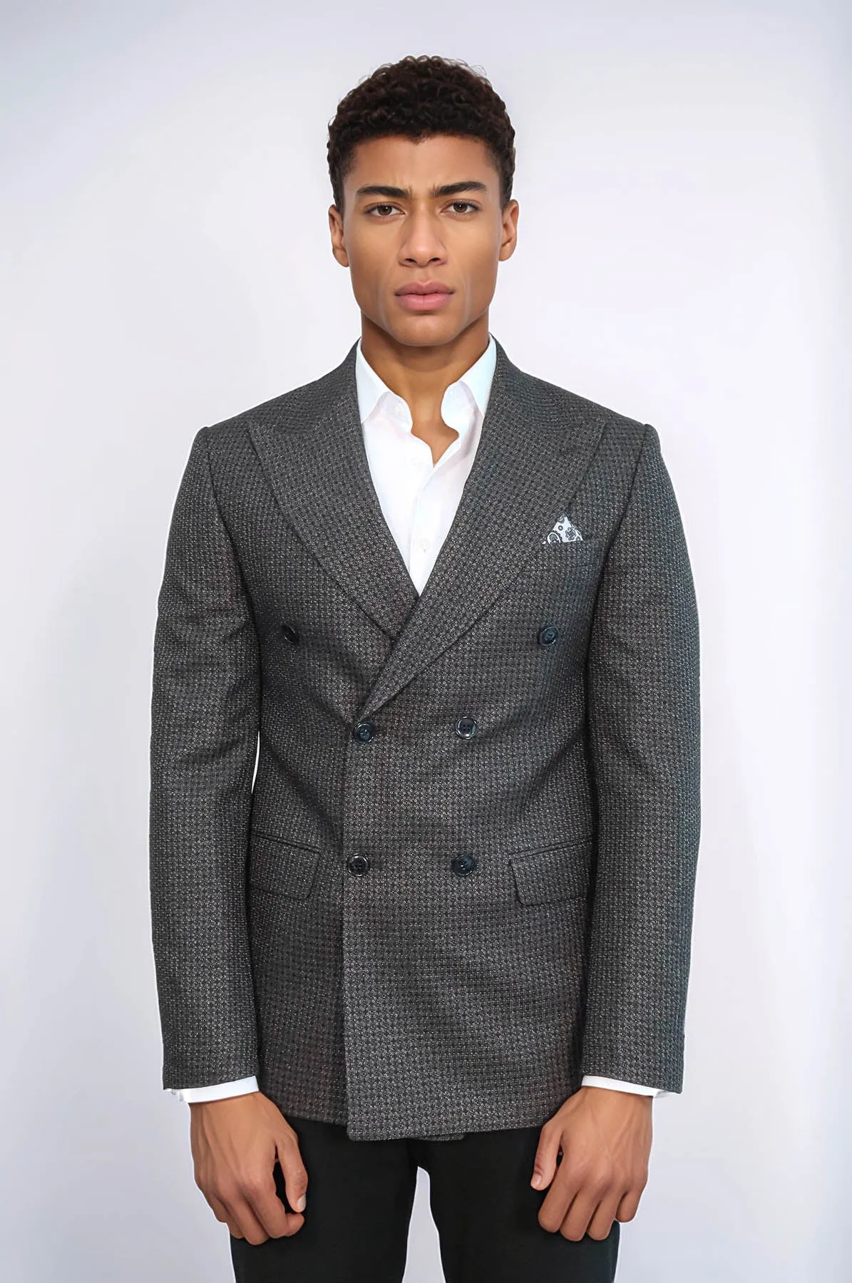 Houndstooth Patterned Grey Men Double Breasted Blazer - Wessi