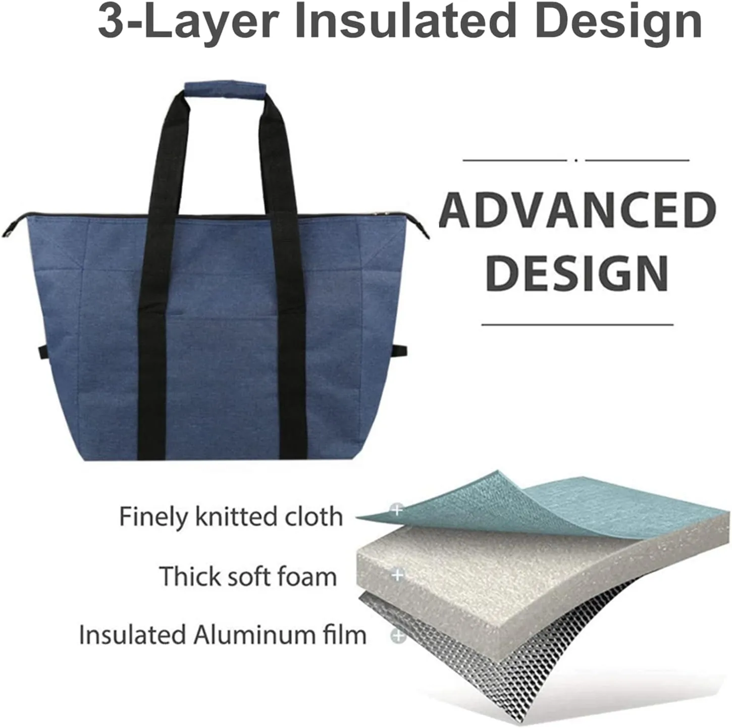 Insulated Grocery Cooler Food Bags with Zipper for Shopping, Travel, Picnic or Lunch, Alumimum Foam Tote Bag for Frozen Cold Hot Foods Delivery, Blue