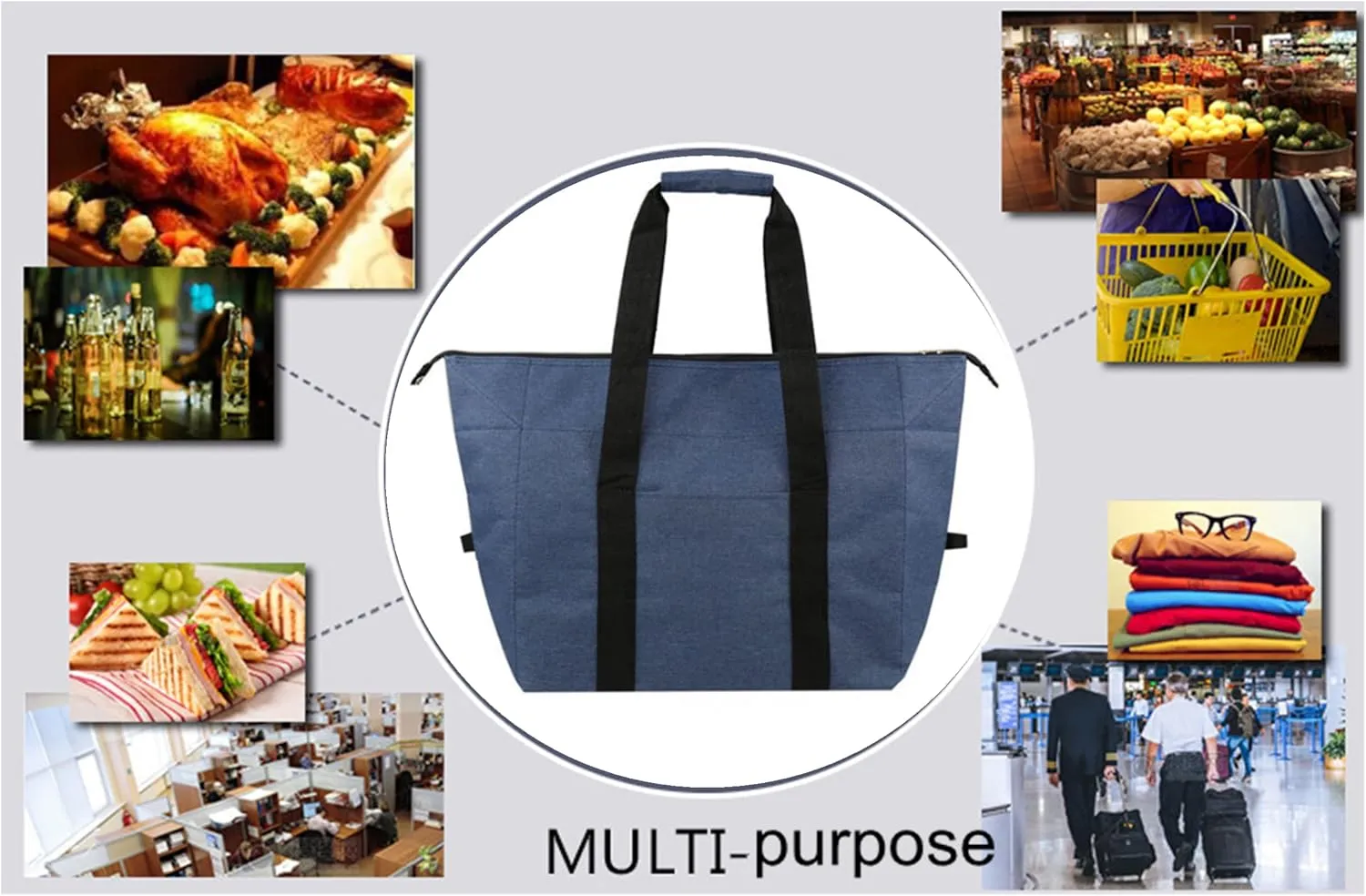Insulated Grocery Cooler Food Bags with Zipper for Shopping, Travel, Picnic or Lunch, Alumimum Foam Tote Bag for Frozen Cold Hot Foods Delivery, Blue