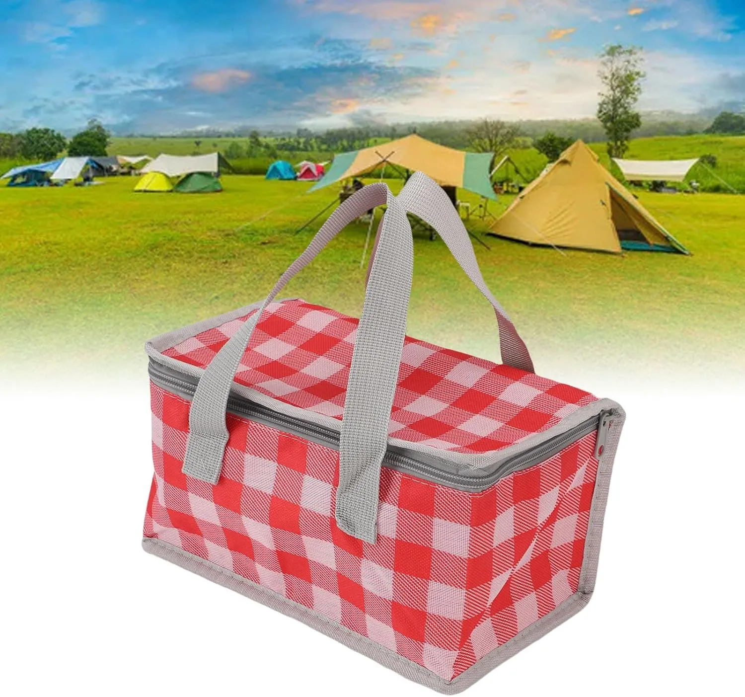 Insulated Picnic Bag, Reusable Foldable Cooler Bag for Hot Cold Food Drink, with Splashproof Oxford Fabric for Camping Outdoor Beach (Yellow White) (White and Red)