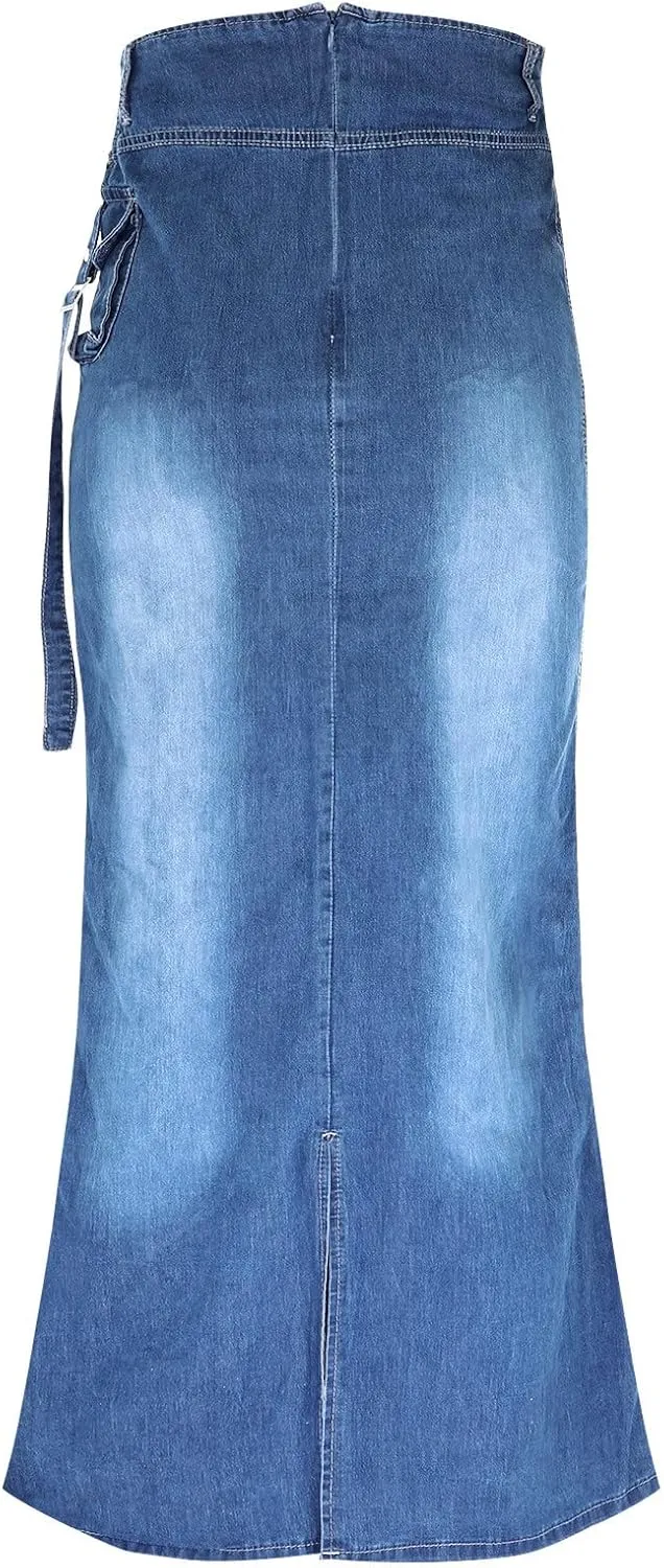 iQKA Denim Skirt Dress for Women Vestidos High Waisted A-Line Maxi Long Pencil Jean Skirt with Pockets S-3XL