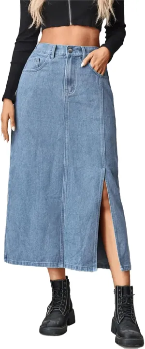 Jean Skirt for Women Elastic Waist Side Slit Vintage High Waisted Denim Midi Skirt Classic Long Y2K Clean Fit