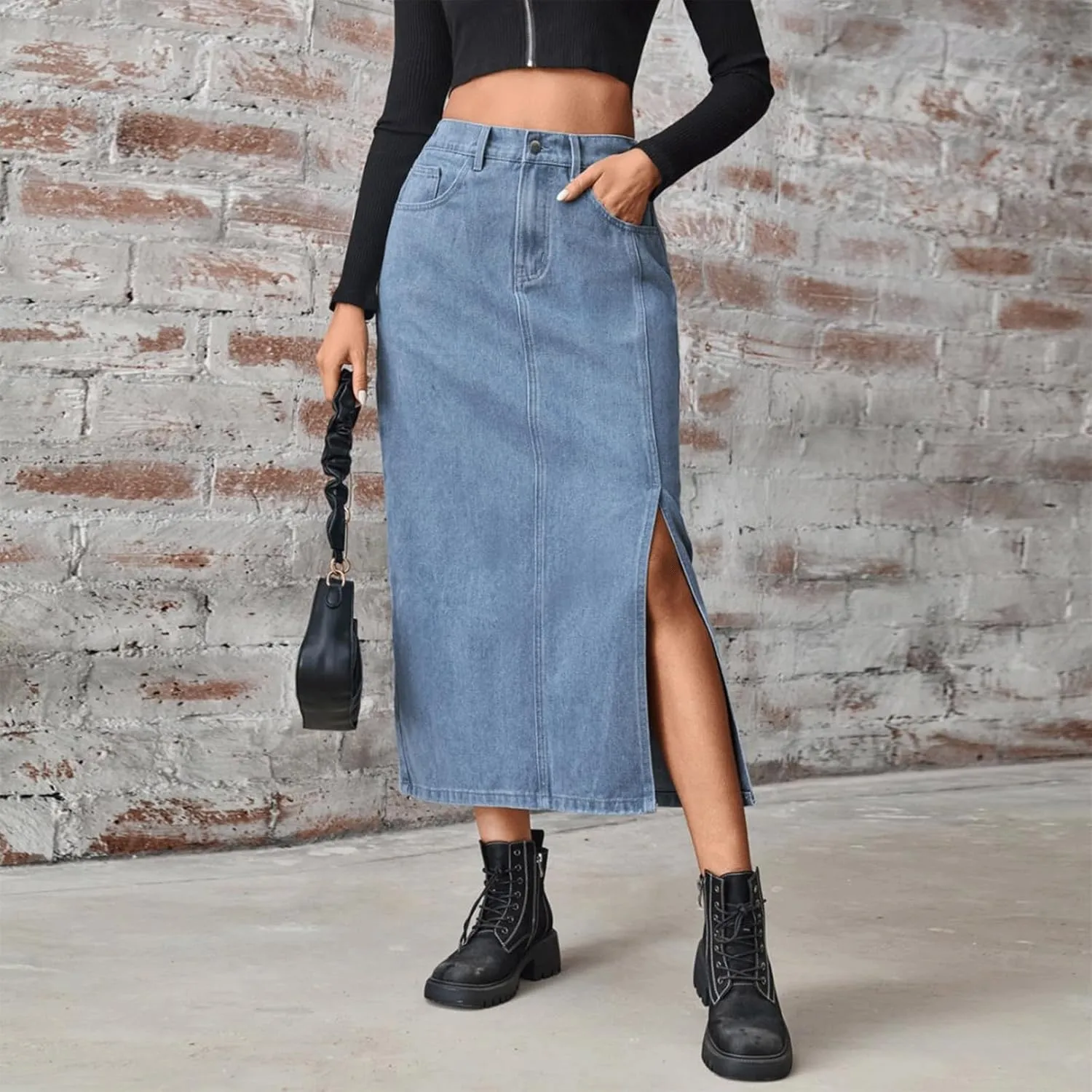 Jean Skirt for Women Elastic Waist Side Slit Vintage High Waisted Denim Midi Skirt Classic Long Y2K Clean Fit