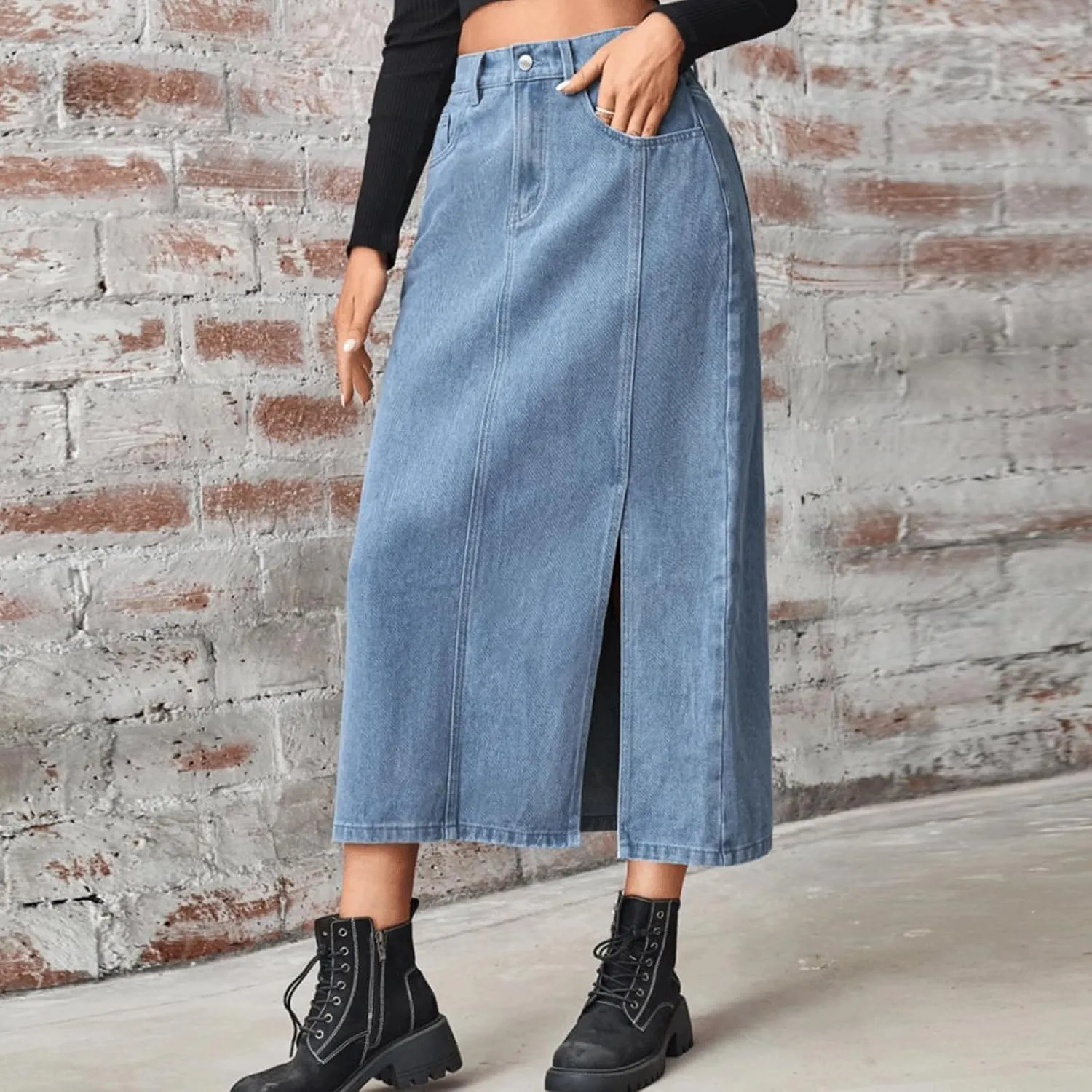 Jean Skirt for Women Elastic Waist Side Slit Vintage High Waisted Denim Midi Skirt Classic Long Y2K Clean Fit