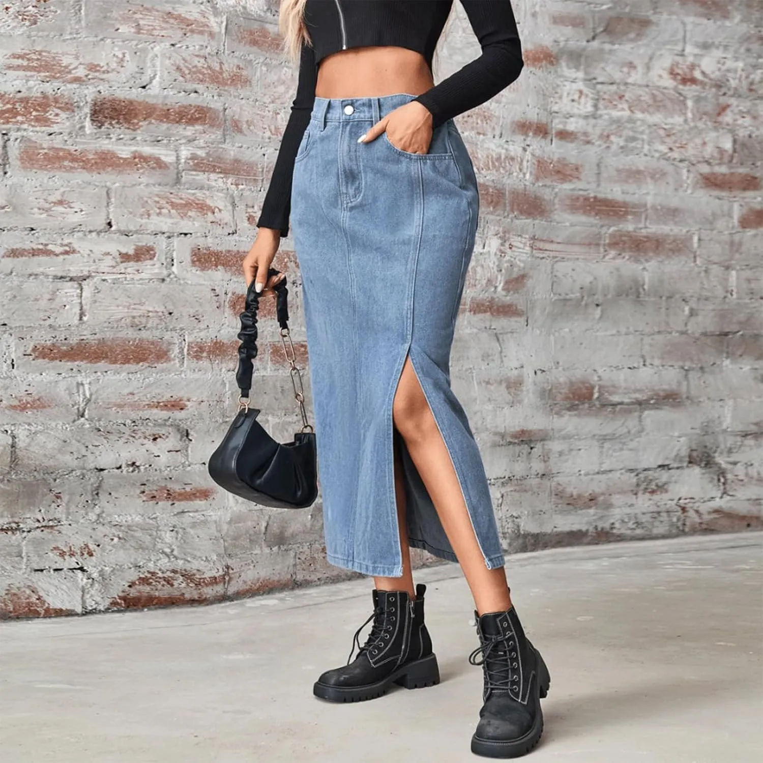 Jean Skirt for Women Elastic Waist Side Slit Vintage High Waisted Denim Midi Skirt Classic Long Y2K Clean Fit