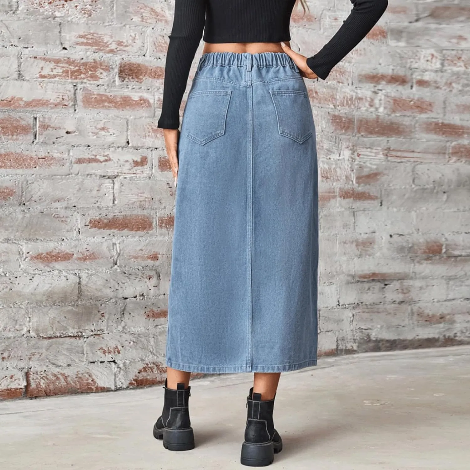 Jean Skirt for Women Elastic Waist Side Slit Vintage High Waisted Denim Midi Skirt Classic Long Y2K Clean Fit