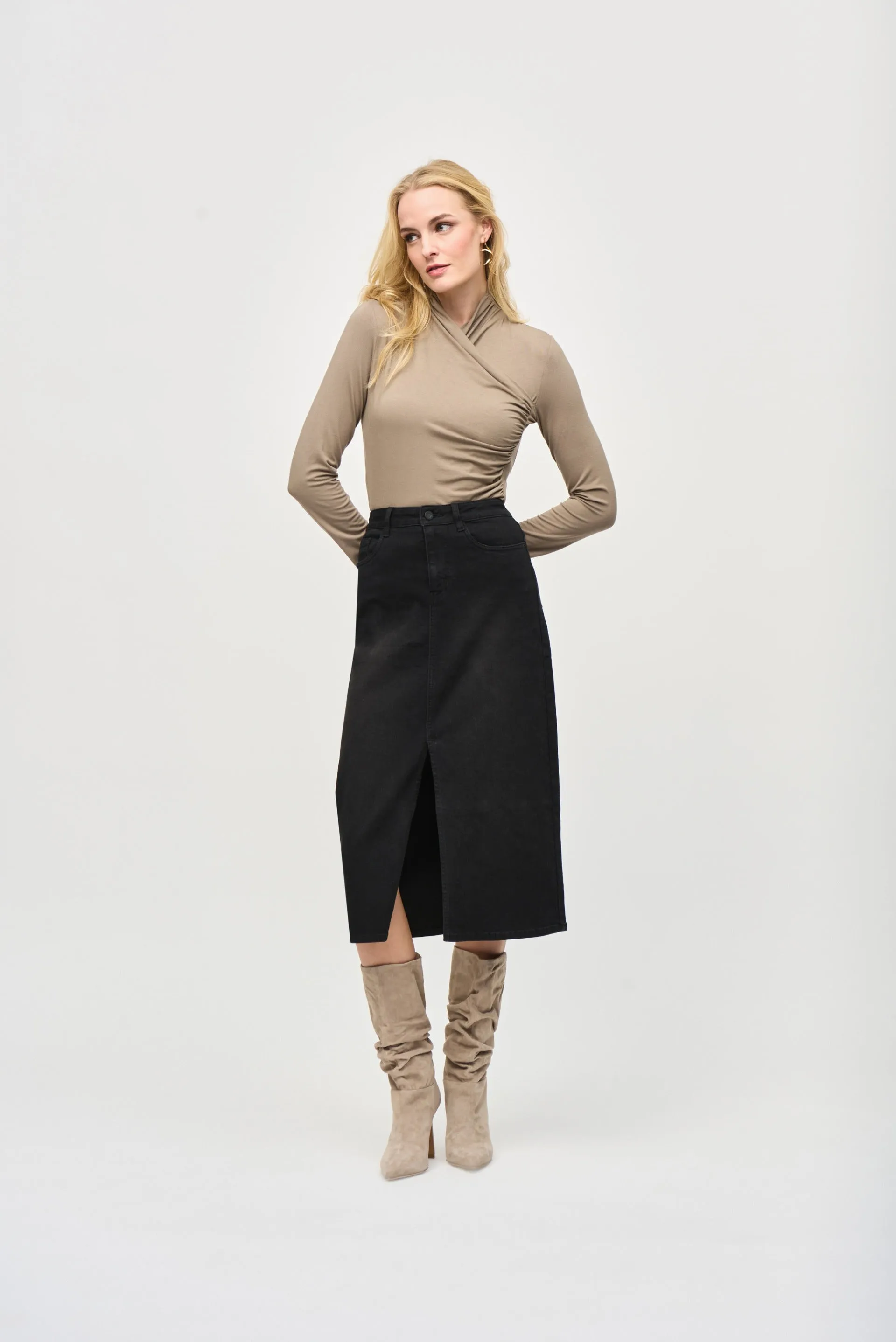Joseph Ribkoff Black Denim Front Slit Midi Skirt Style 243963