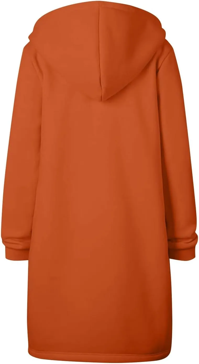 Long Hoodie Women Zip Up Tunic Sweatshirt Fall Hooded Jacket Coat Drawstring Open Front Cardigan with Pockets