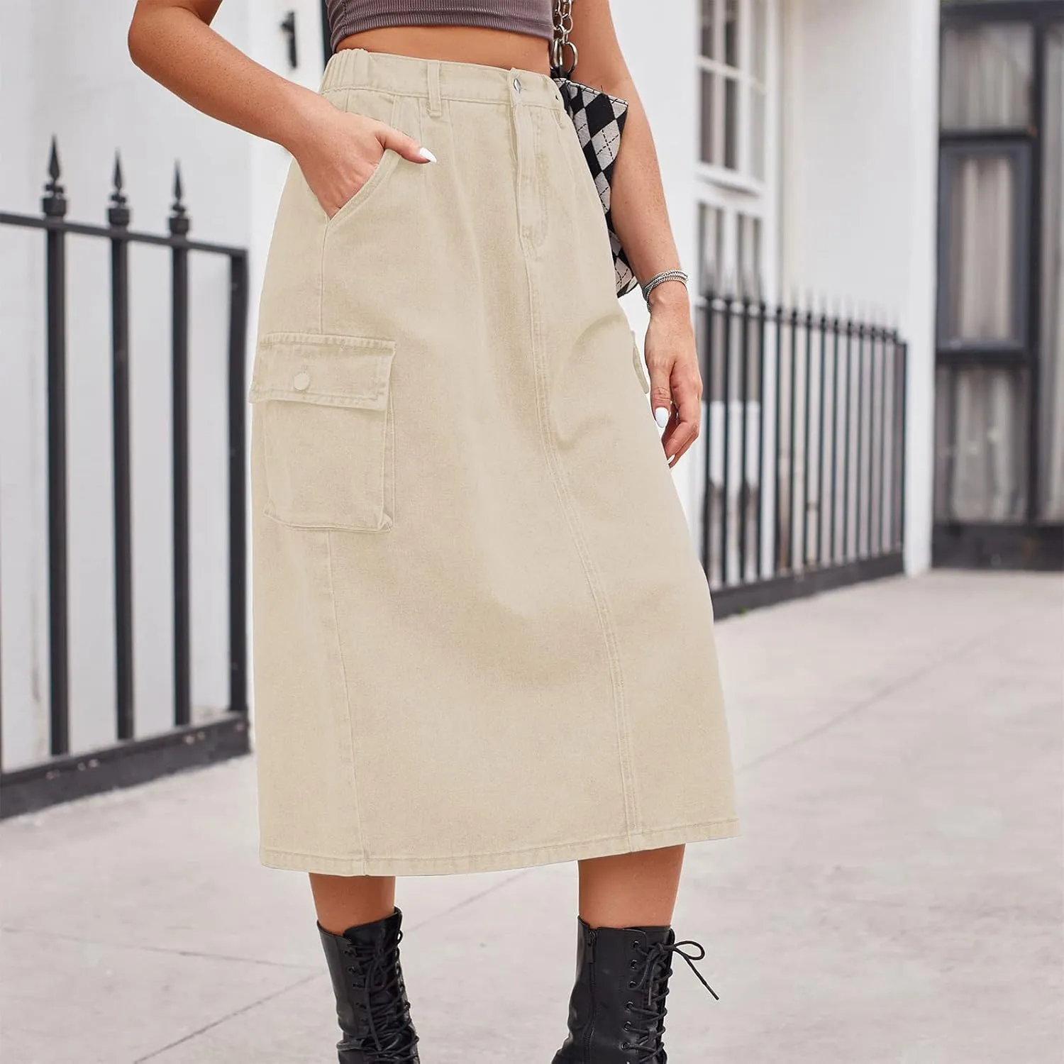 Long Jean Skirt for Women Cowgirl Y2K Cargo Skirt High Waisted Pencil Skirt Casual A-Line Midi Skirt with Pockets