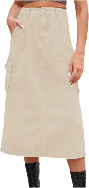 Long Jean Skirt for Women Cowgirl Y2K Cargo Skirt High Waisted Pencil Skirt Casual A-Line Midi Skirt with Pockets