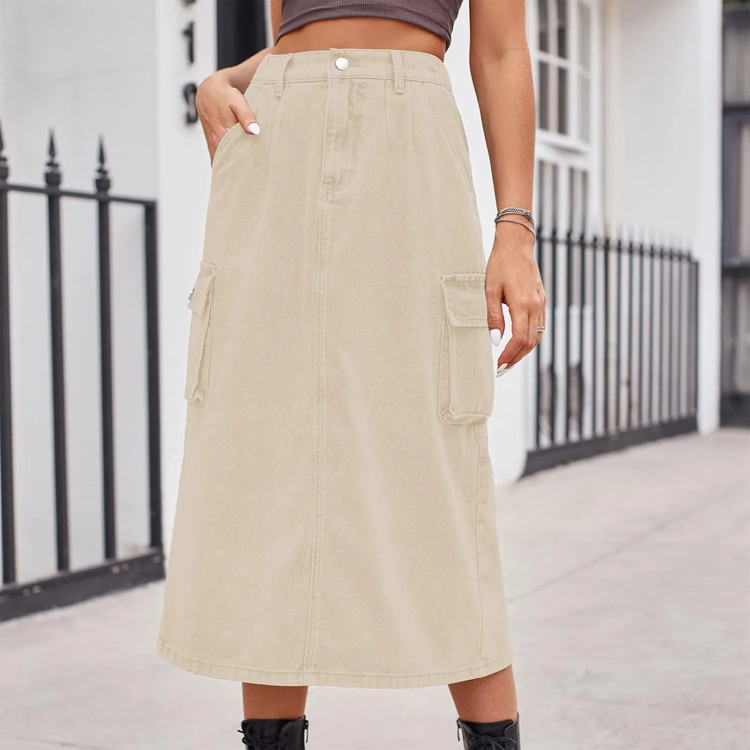 Long Jean Skirt for Women Cowgirl Y2K Cargo Skirt High Waisted Pencil Skirt Casual A-Line Midi Skirt with Pockets