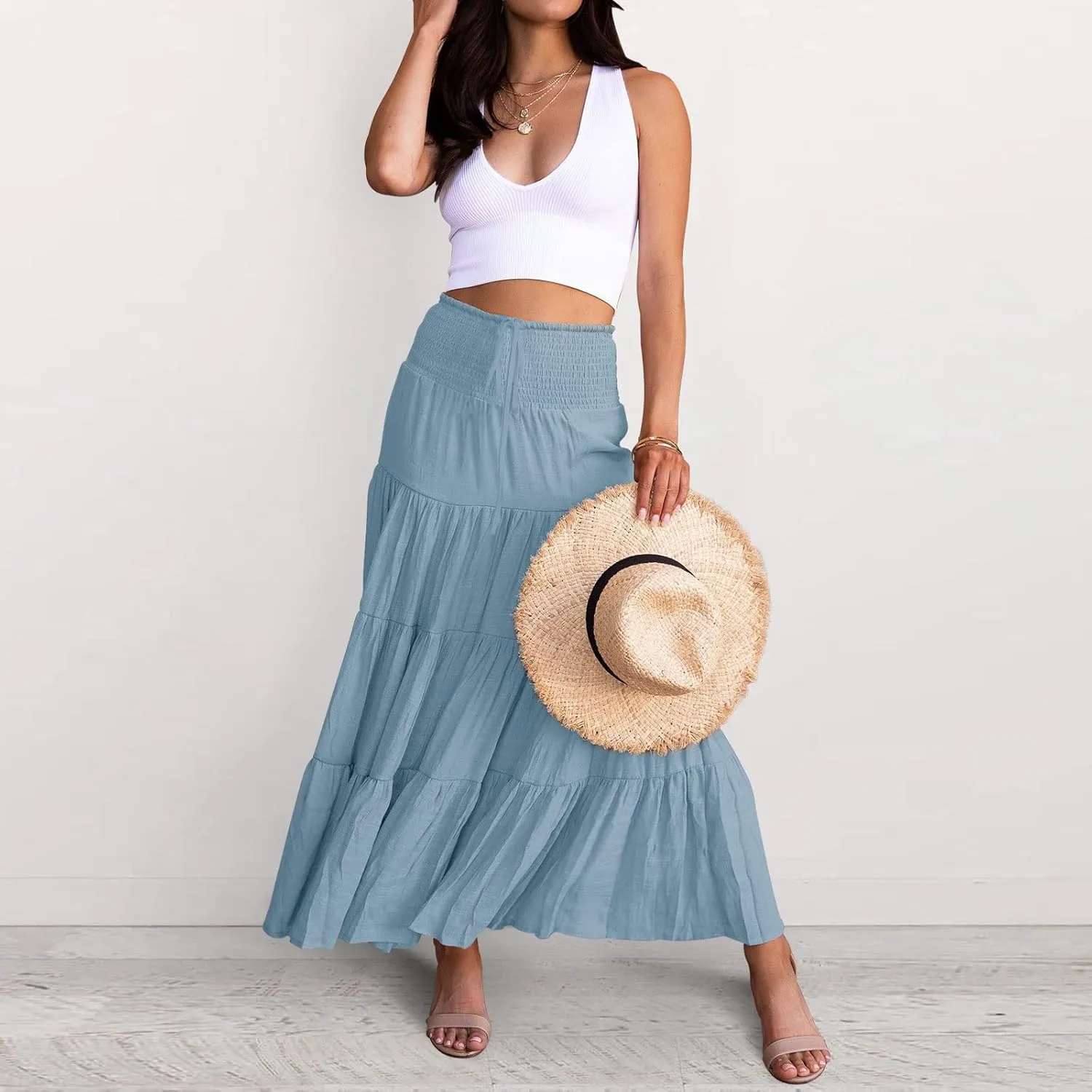 Long Skirts for Women Boho High Waisted Trendy A-Line Cute Skirts Solid Color Ruffle Pleated Skirt Maxi Skirt
