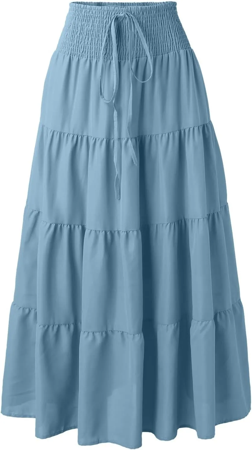 Long Skirts for Women Boho High Waisted Trendy A-Line Cute Skirts Solid Color Ruffle Pleated Skirt Maxi Skirt