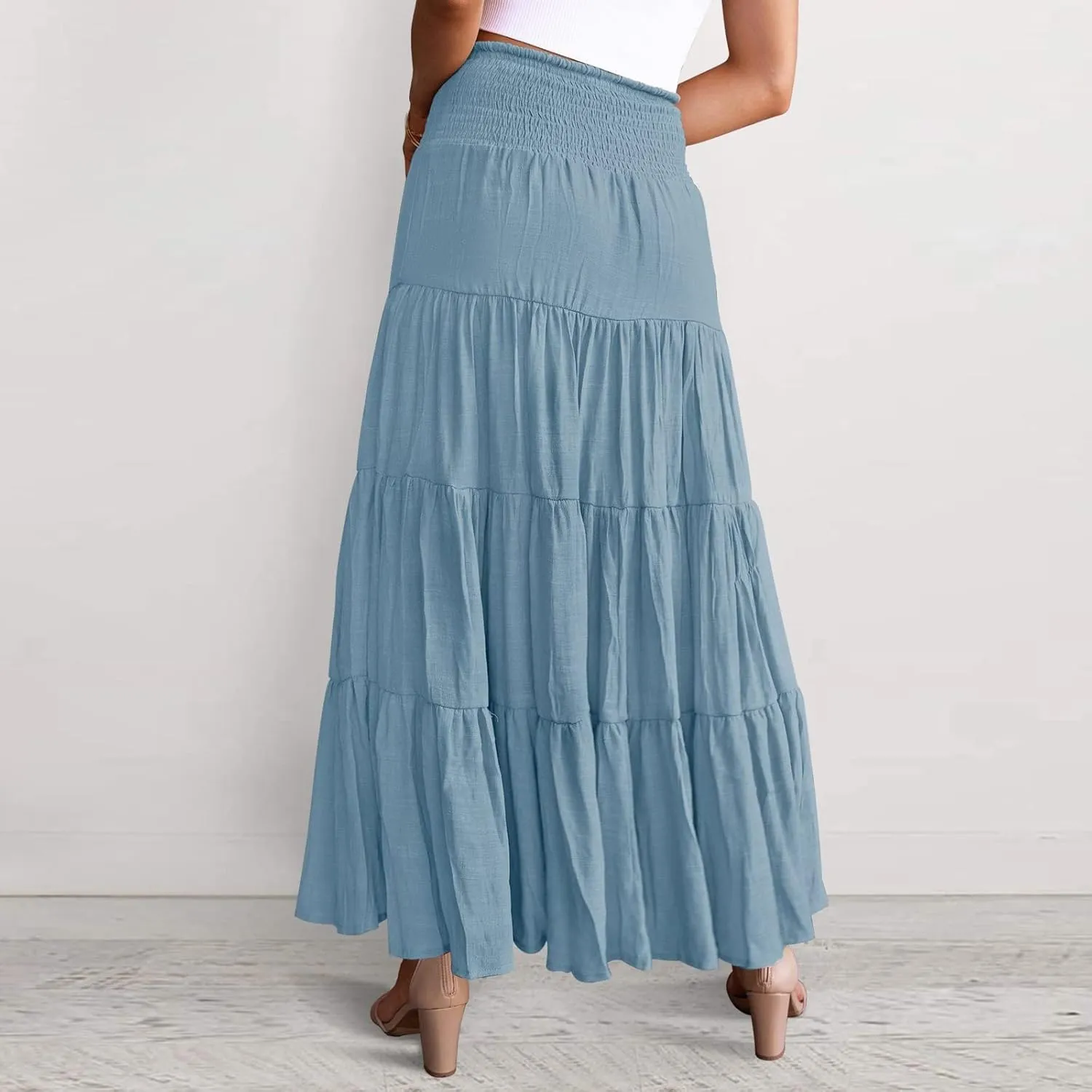 Long Skirts for Women Boho High Waisted Trendy A-Line Cute Skirts Solid Color Ruffle Pleated Skirt Maxi Skirt