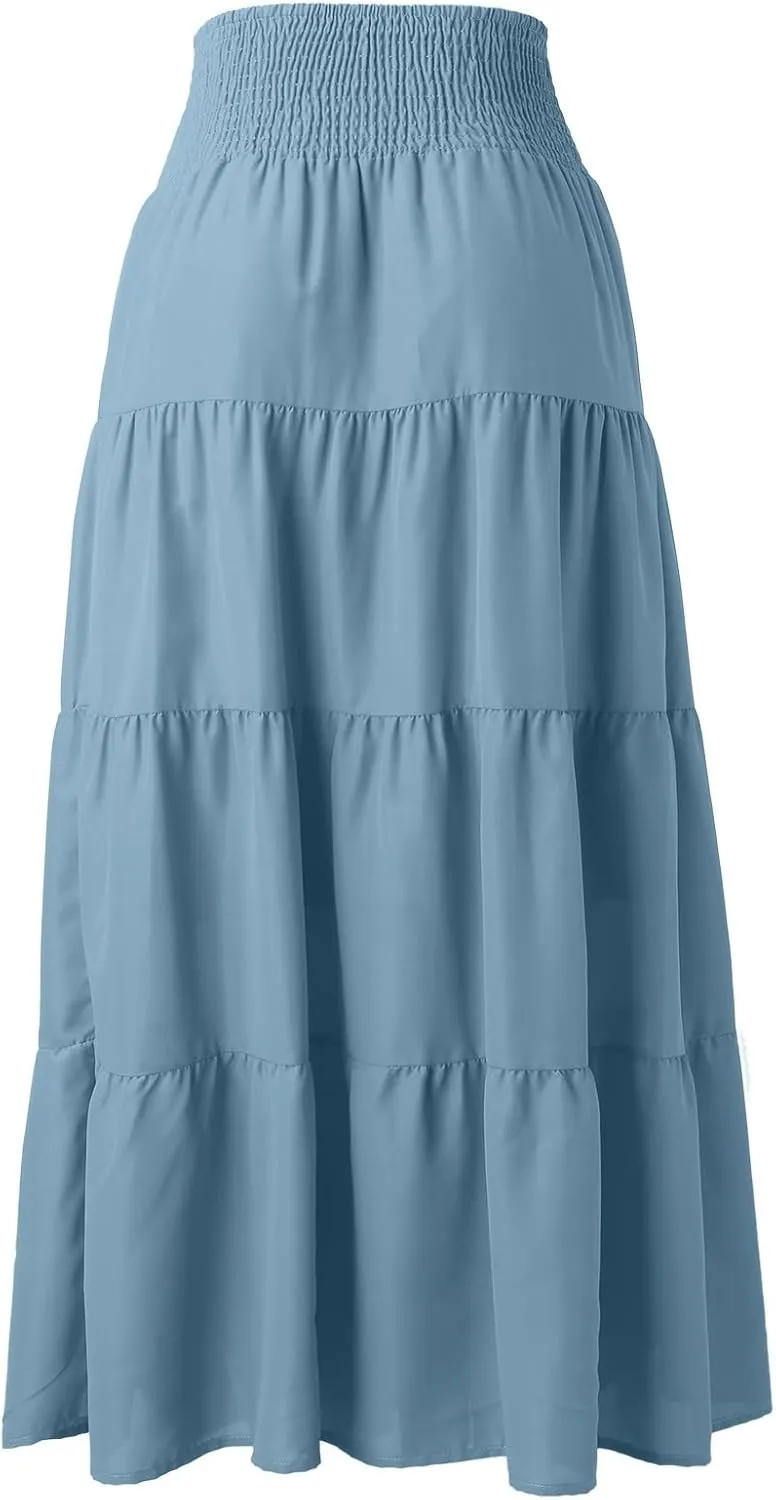 Long Skirts for Women Boho High Waisted Trendy A-Line Cute Skirts Solid Color Ruffle Pleated Skirt Maxi Skirt