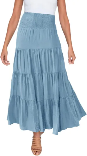 Long Skirts for Women Boho High Waisted Trendy A-Line Cute Skirts Solid Color Ruffle Pleated Skirt Maxi Skirt