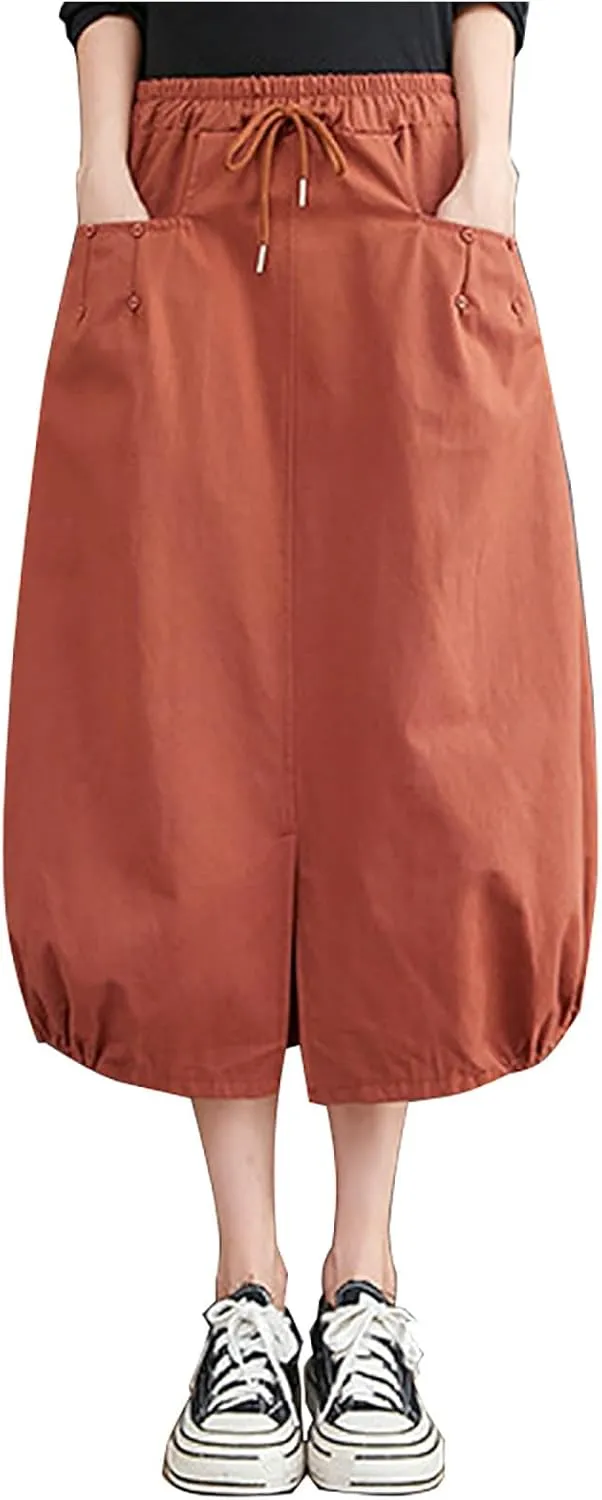 Long Skirts for Women Summer Casual Loose Fit High Waist Cargo Skirt Fashion Zipper A-Line Midi Skirts with Pockets
