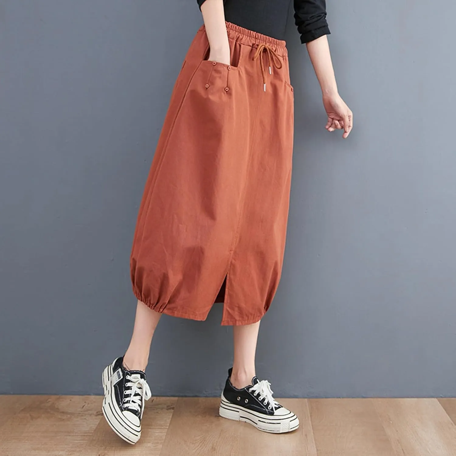 Long Skirts for Women Summer Casual Loose Fit High Waist Cargo Skirt Fashion Zipper A-Line Midi Skirts with Pockets